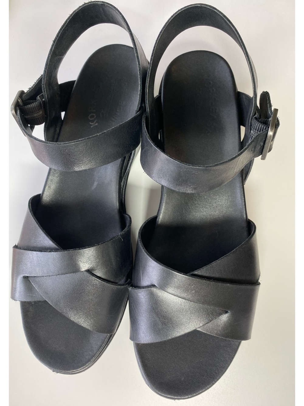 Kork-Ease Black Leather Platform Wedge Sandals Sz 10 Very Good Condition in Box!